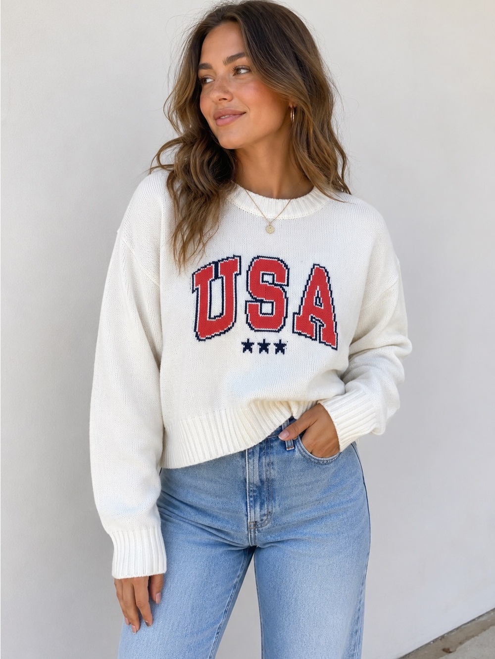 Grayson Threads USA Knit Sweater Women’s Medium Ivory Cropped Crewneck Patriotic